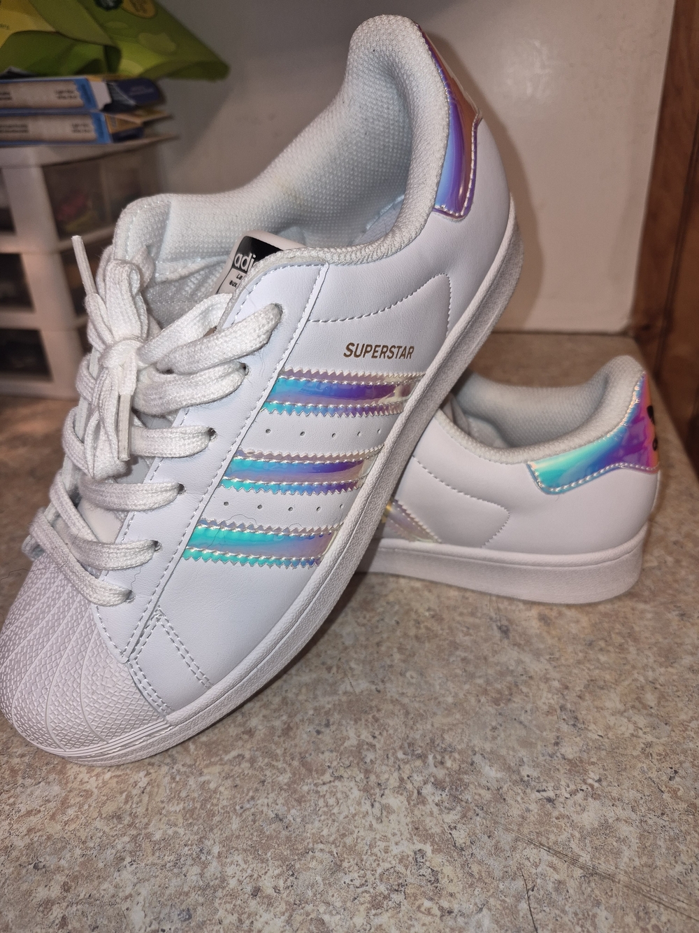 Size 7.5 adidas Superstar Women’s White Sneakers with Iridescent Accent